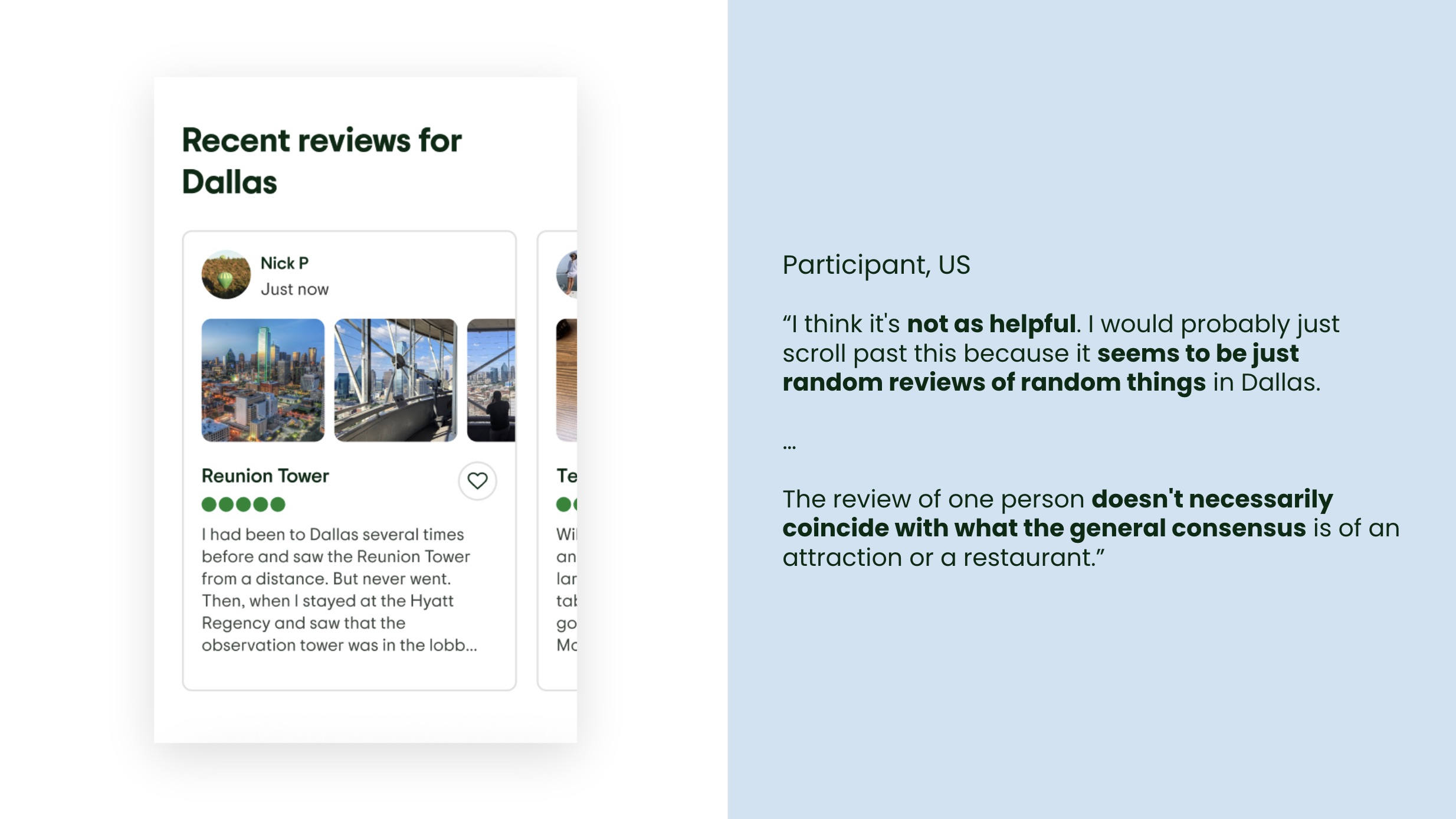Research finding: random or uncontextualised reviews were less useful to participants