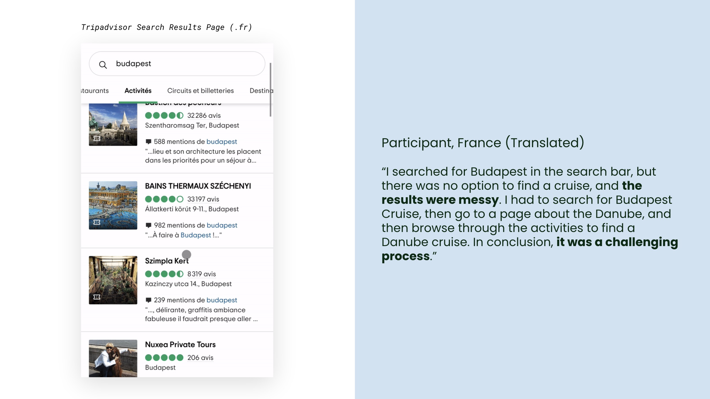 Finding showing lack of filtering and sorting guidance on the Experiences search results page compared to GetYourGuide