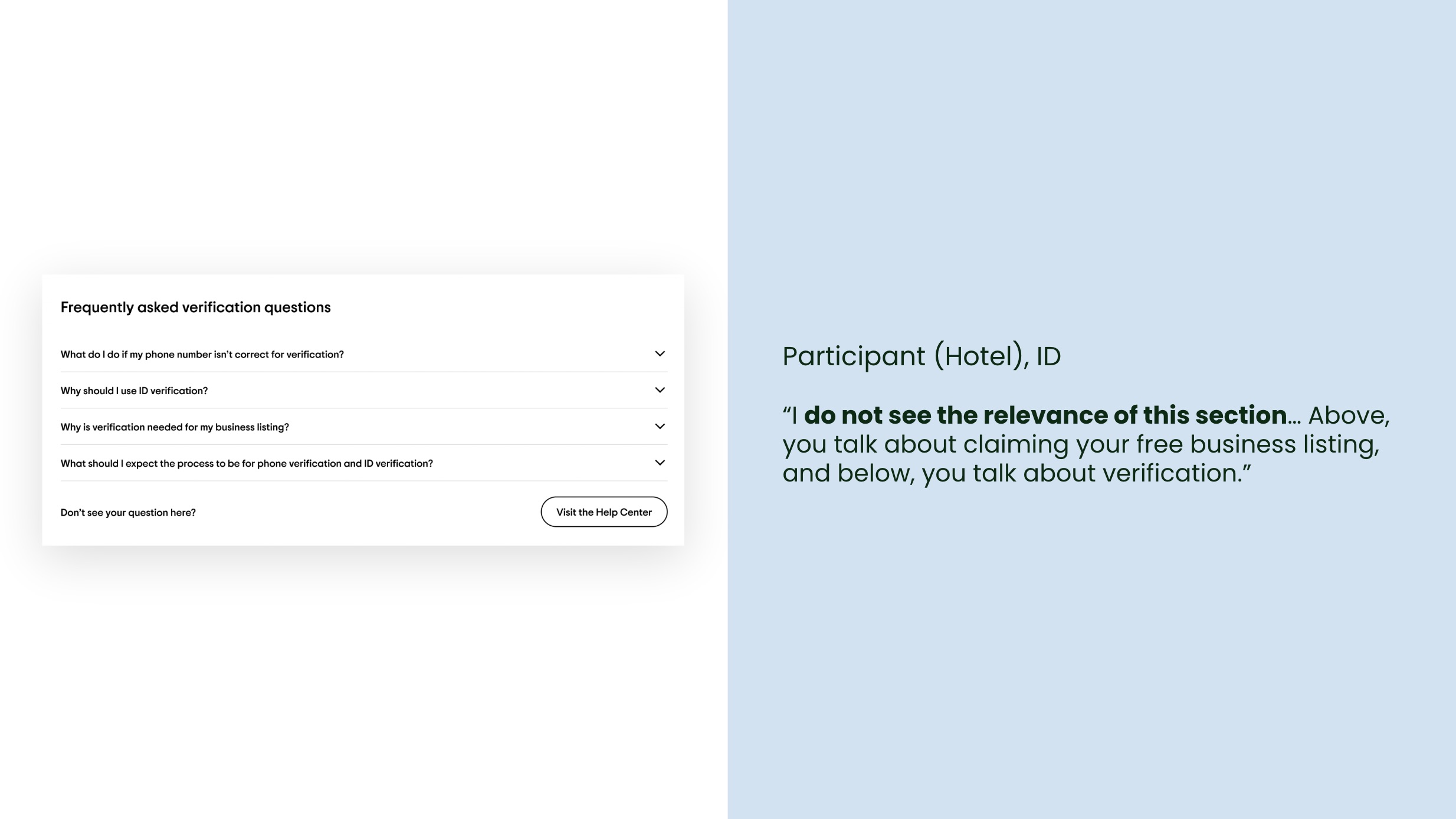 Finding showing FAQ content mismatch — questions about verification appeared on claiming pages, creating confusion