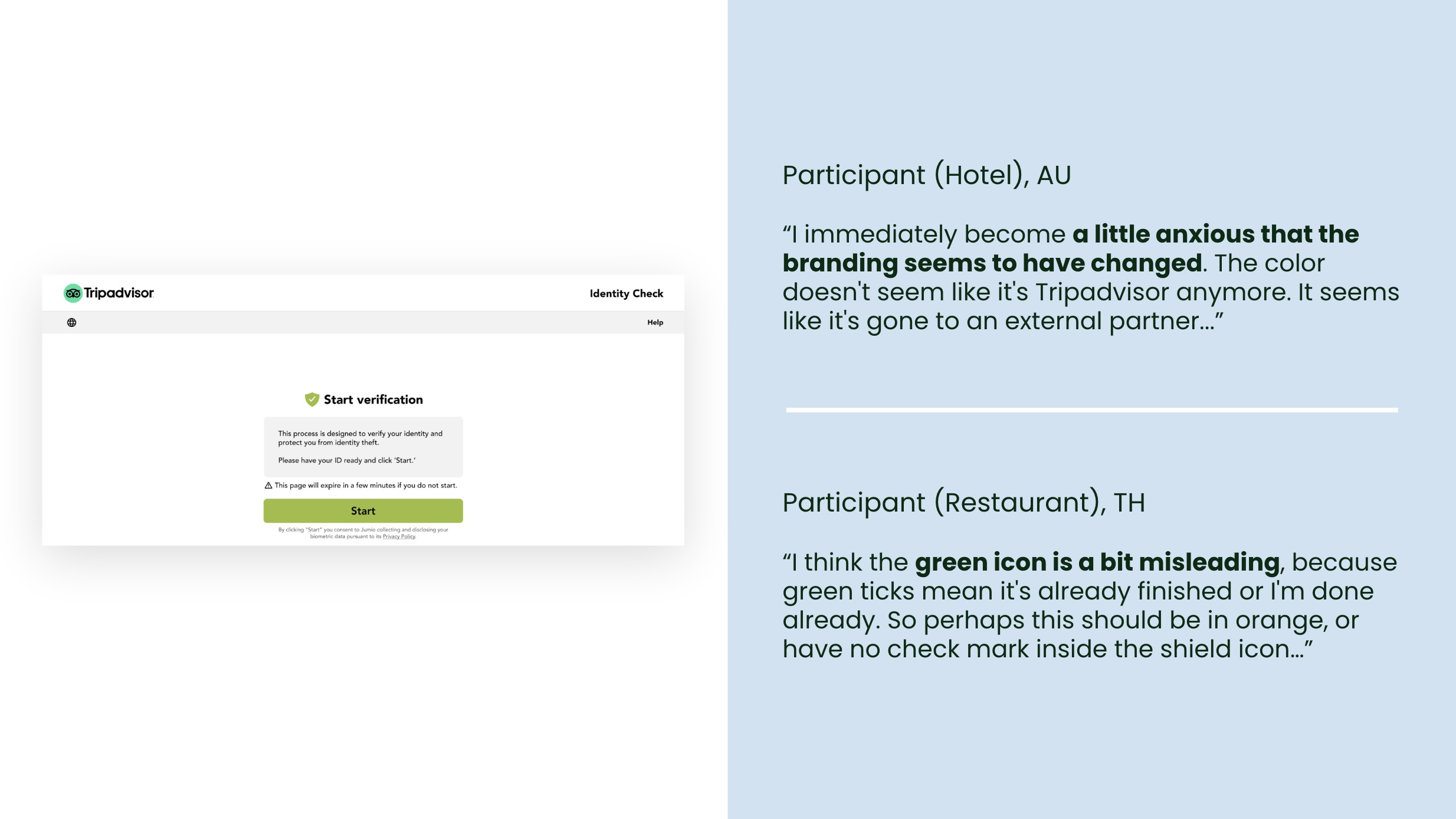 The Jumio third-party identity verification handoff screen, which changed branding and URL and caused participant anxiety