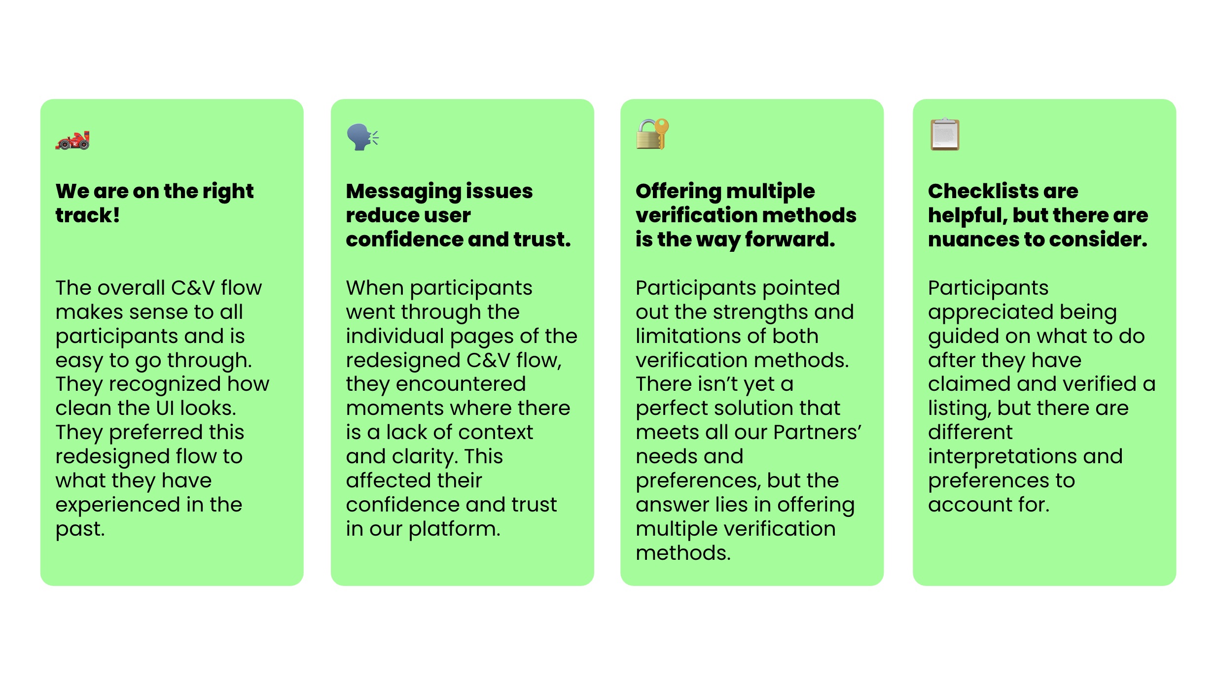 Key takeaways slide summarising the main findings from the Claim and Verification usability study