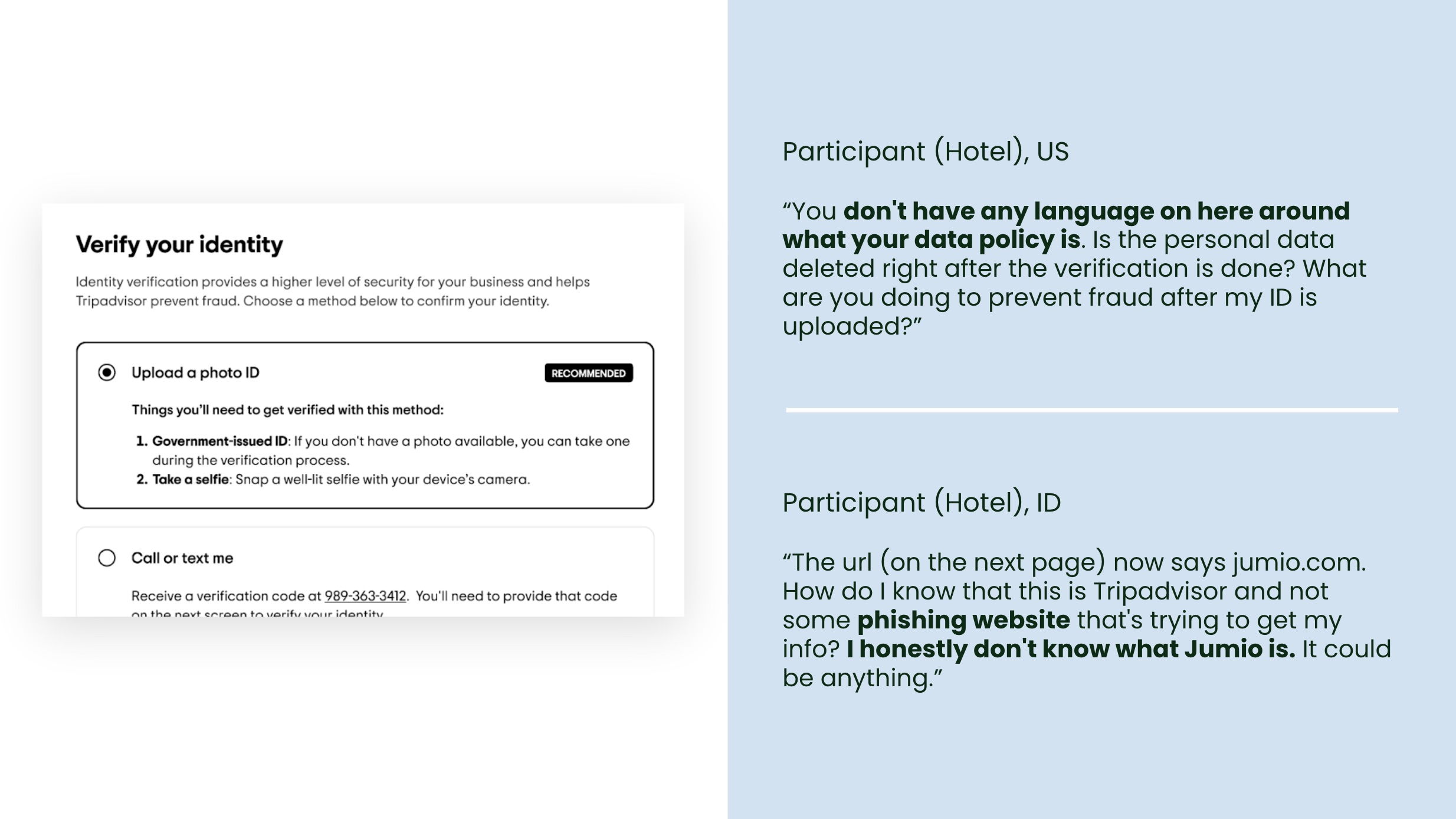 Finding showing participant trust concerns about submitting personal photo ID for a business verification process