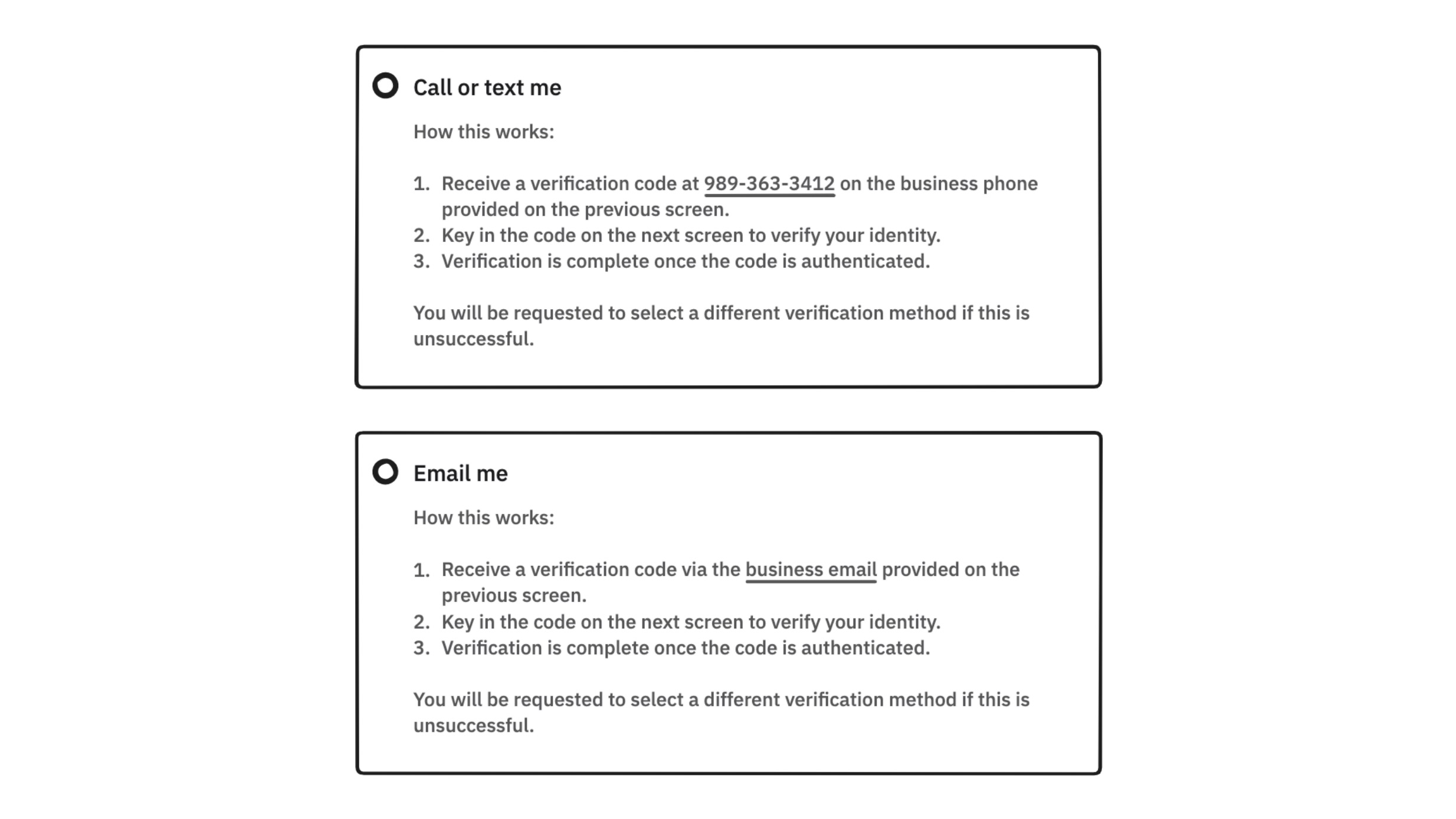 Wireframed recommendation 1 showing redesigned verification method selection with clear explanations for each option
