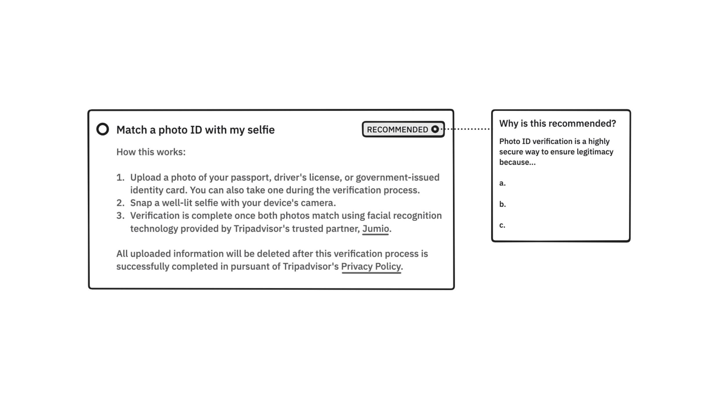 Wireframed recommendation 2 showing redesigned photo ID verification page with upfront Jumio disclosure and process explanation